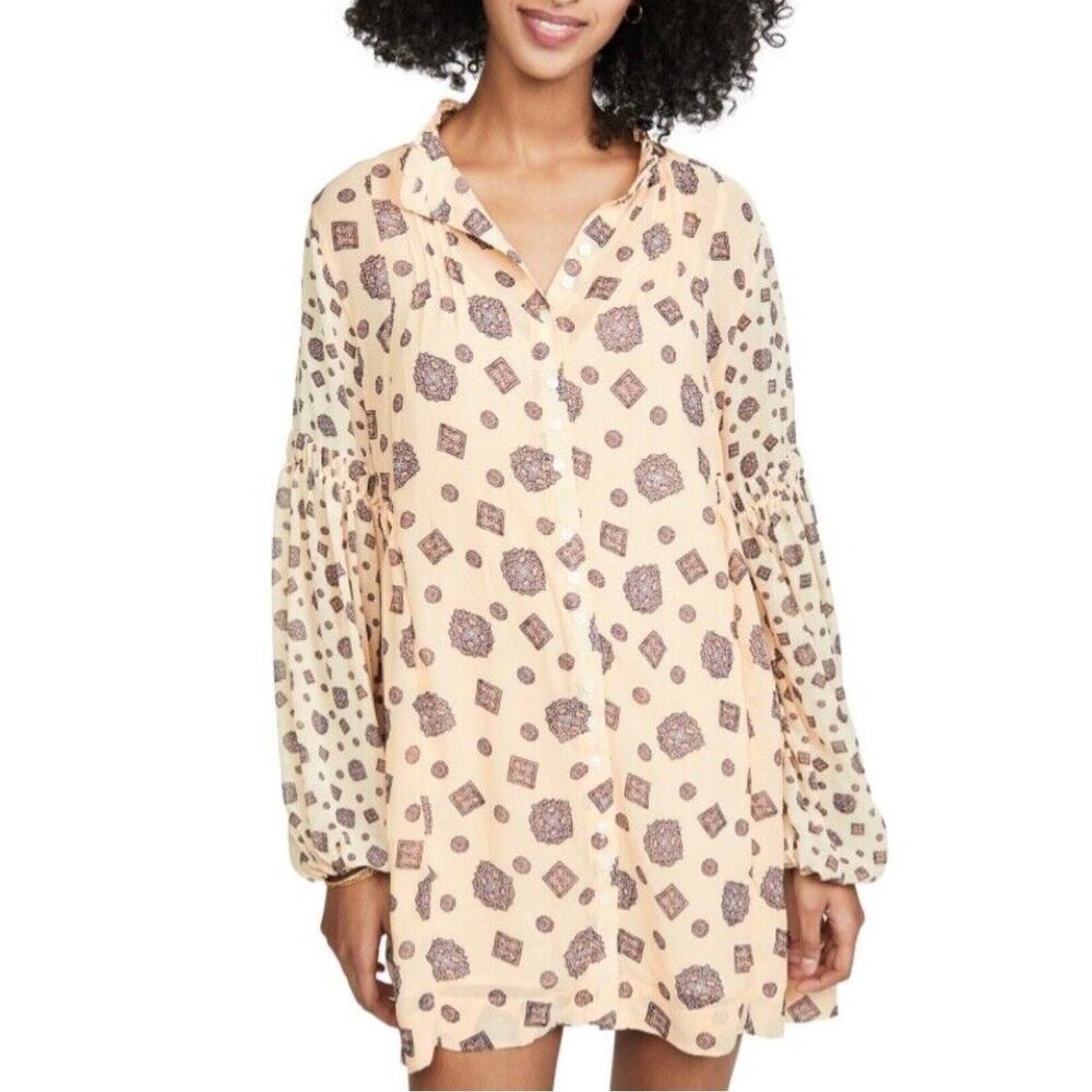 Free People Turn Turn Tea Combo Mini Dress Semi Sheer Balloon Sleeve SZ M - Picture 2 of 11